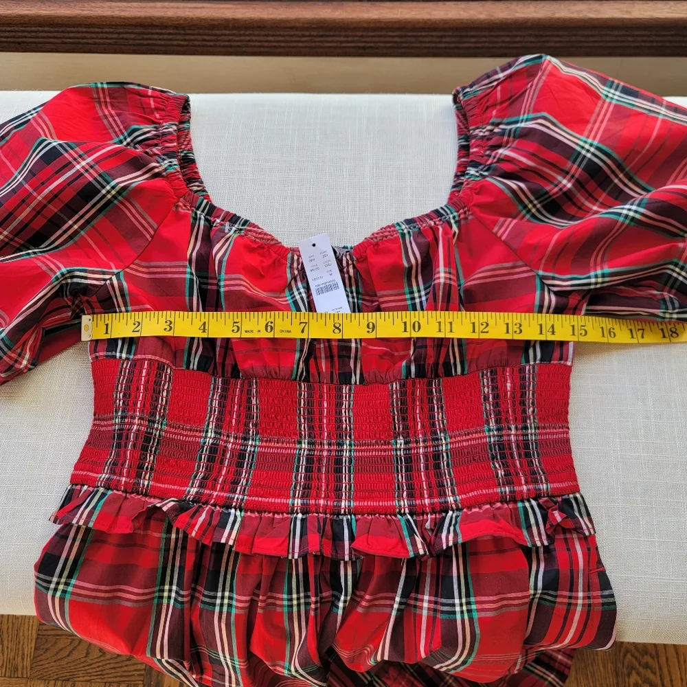 New! J.Crew sz Medium M Red Tartan Plaid Smocked Midi Dress NWT